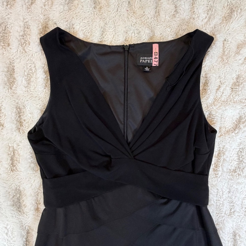 Adrianna Papell Womens Black Tiered Ruffle Sheath Dress V-Neck Cocktail RN 59782